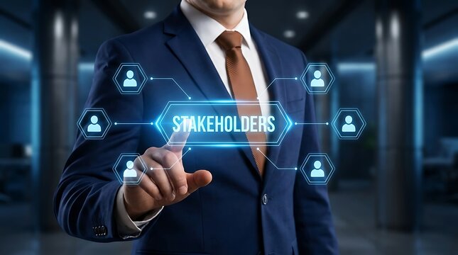 Professional businessman touches a glowing digital stakeholder interface, symbolizing modern corporate networking, investor relations, and virtual management.