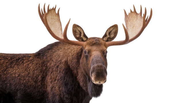 Isolated majestic bull moose with large antlers and thick brown winter fur, looking at camera