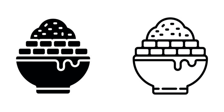 Black and white of a bowl of food with toppings and dripping sauce food bowl dessert ice cream shaved ice topping sauce dripping sauce in white background