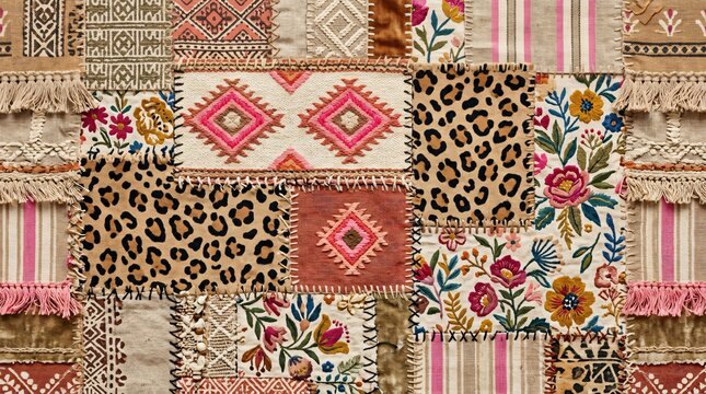 Bohemian patchwork quilt with eclectic fabric squares featuring leopard print floral embroidery and geometric patterns