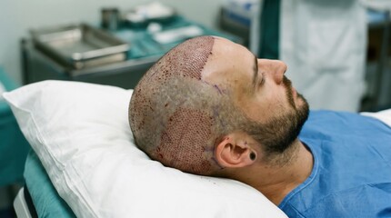 Fototapeta premium Hair Transplant Patient: A patient lies on a medical bed after a hair transplant procedure, his scalp bandaged and showing the results of the cosmetic surgery.