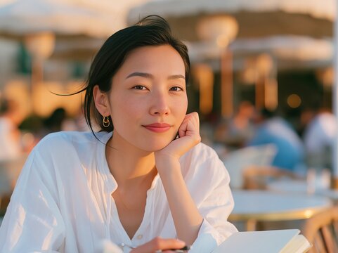 East Asian woman in white blouse resting her chin on hand, seated at outdoor cafe with blurred background of people and tables during golden hour
