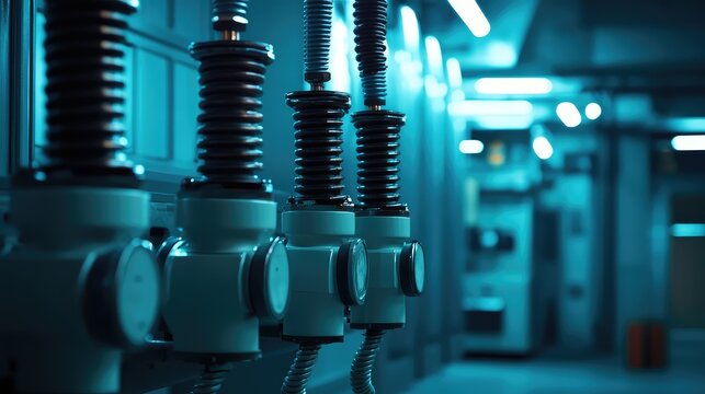 Industrial electrical machinery with high voltage components operating in a modern facility, representing technology, power distribution, and engineering infrastructure