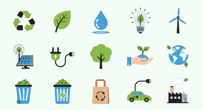 A collection of environmental icons representing sustainability and green energy concepts.