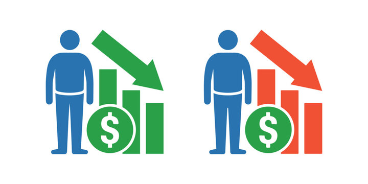 Blue person with green downward arrow and dollar coin beside bar chart and red person with red downward arrow and dollar coin beside bar chart