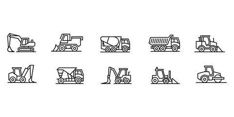 Collection of black line construction vehicles and equipment truck excavator in white background © Creative Tania