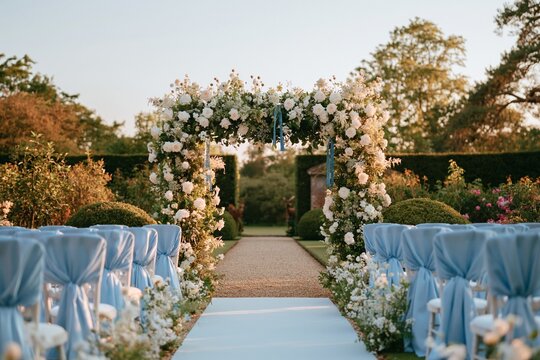 Elegant wedding ceremony setup featuring floral archway adorned with white roses and blue ribbons, surrounded by lush greenery and decorated chairs in a garden setting