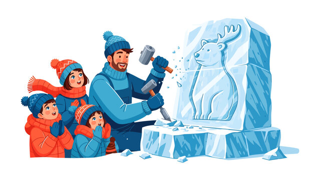 Ice Sculpture: A skilled artist, assisted by his family, meticulously chisels an enchanting sculpture of an animal from a massive block of ice. They are completely engrossed in the cold winter air.