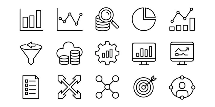 Collection of black line representing data analysis and business concepts bar chart line graph stacked coins in white background