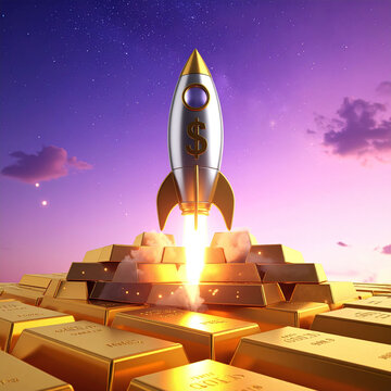 Elevate your project with this 3D render of a dollar sign rocket launching from gold bars. Representing rapid financial success and wealth growth, it&rsquo;s ideal for banking and business media.