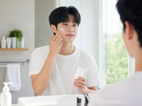 거울을 보며 피부를 관리하는 남성 / Man Caring for His Skin in Front of a Mirror