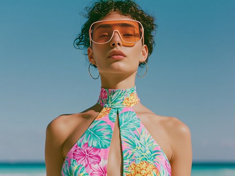 Fashion editorial of woman wearing colorful floral swimsuit and oversized sunglasses, standing on beach with clear blue sky and ocean in the background