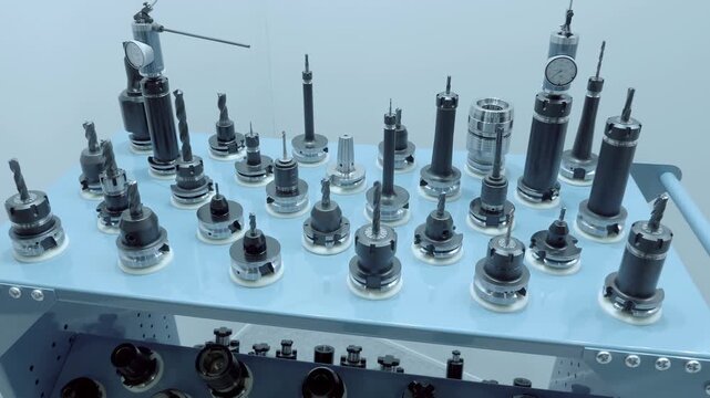 A range of new, shiny cutters for milling machines, of various shapes and purposes, located in its own collet chuck, are presented at the exhibition. Closeup. Shot in motion 