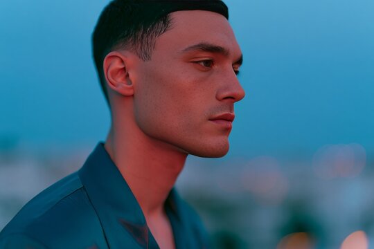 Young man in a midnight teal satin shirt looking out with a contemplative expression against a blurred urban background illuminated by soft evening lights