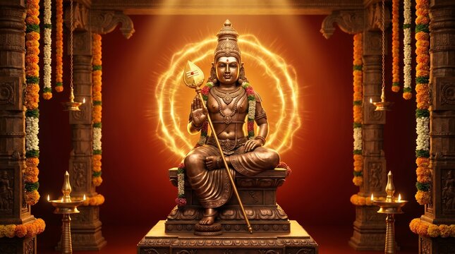 Majestic bronze statue of Lord Murugan with a golden aura, seated in a richly decorated Hindu temple shrine with traditional garlands and glowing oil lamps.