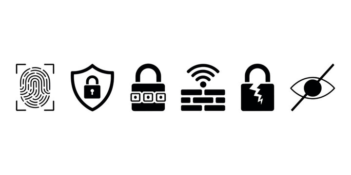 Security fingerprint shield combination lock wifi firewall broken lock and eye with slash scan protection in white background