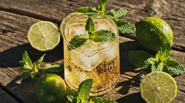 Fresh Lime Mint Sparkling Drink with Ice on Rustic Table