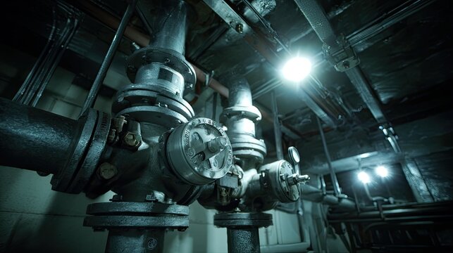 Industrial piping and valves creating a complex network of infrastructure and machinery in a dark and moody engine room, highlighting the power and steam systems