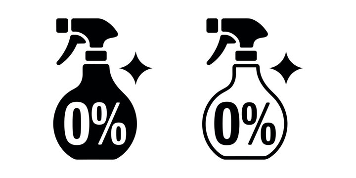 Two black spray bottle with 0 percent symbol and sparkle cleaning zero percent percentage in white background