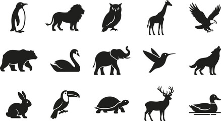 Fototapeta premium Black silhouettes of 16 different animals on white background, including mammals, birds, and reptiles