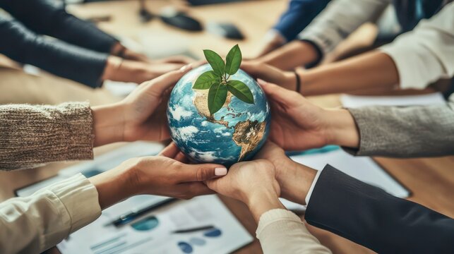 Sustainable Corporate Responsibility Concept - Hands Holding Globe with Green Leaves in Modern Office Setting