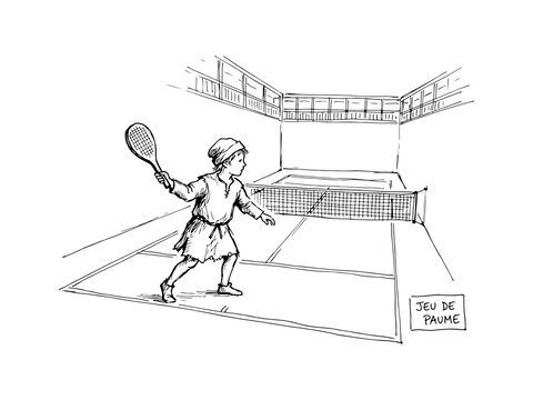 Detailed black and white ink illustration depicting a medieval athlete playing Jeu de Paume, the precursor to modern tennis, in a traditional court setting.