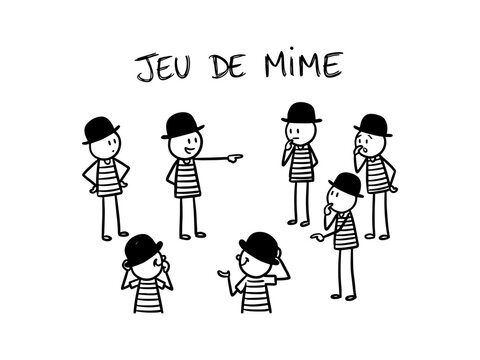 A collection of minimalist black and white stick figure doodles depicting mimes in various theatrical poses for a pantomime or charades game.