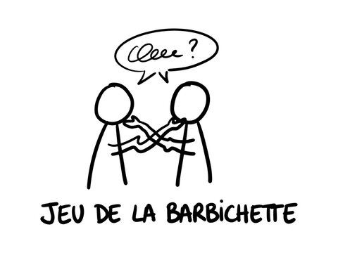 Minimalist black and white sketch of stick figures playing the French childhood game Jeu de la Barbichette, holding each other's chins in a challenge.