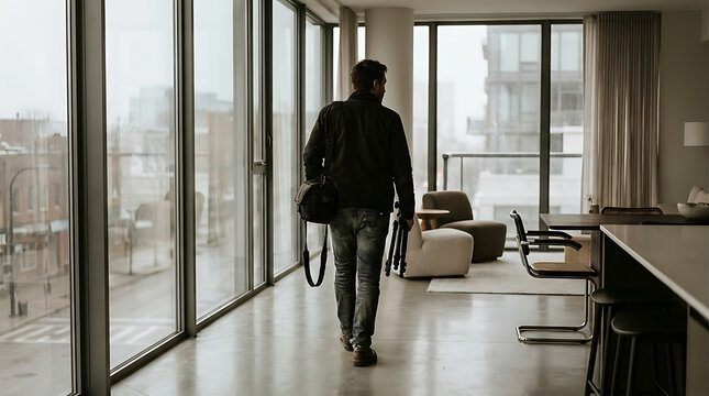 Man walking away from camera in modern apartment with large windows overlooking city