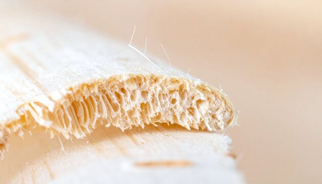 Detailed macro shot of broken light wood showing intricate porous fibers. Ideal for construction, design, and nature themes. Captures the organic texture and raw beauty of natural timber.