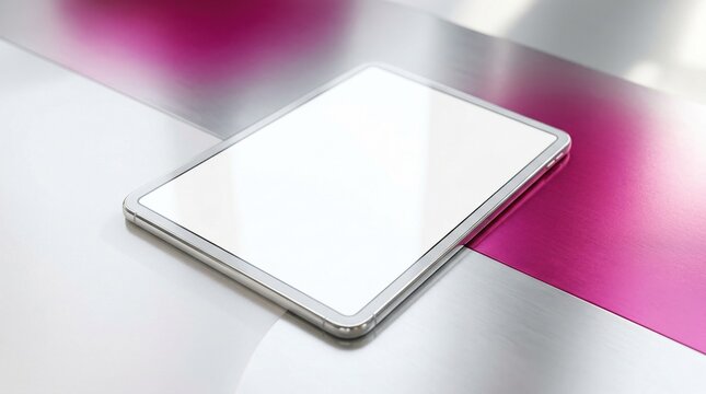 銀色のタブレットモックアップ。白い空白画面とマゼンタ色の背景。ミニマルなデジタルデバイスのプレゼンテーション。コピースペース