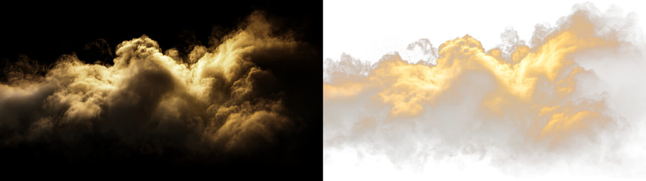 Golden clouds float against a transparent background during sunset over a calm horizon, PNG with a light overlay