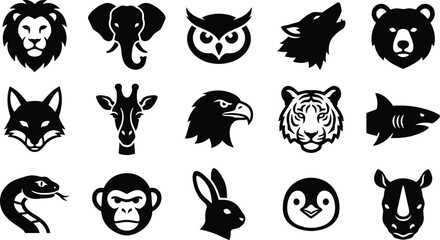 Black silhouettes of 16 different animal heads, on white background © Graphic Shops