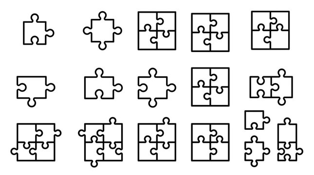 Diverse puzzle piece arrangements and configurations, representing teamwork and problem-solving challenges in various forms and sizes