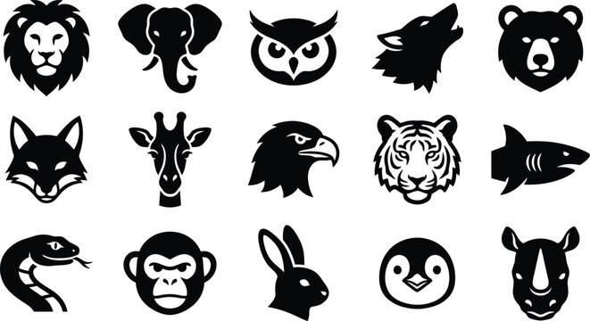 Black silhouettes of 16 different animal heads, on white background
