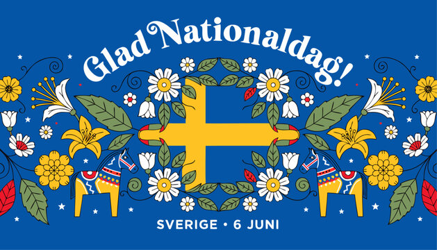Vibrant swedish national day illustration with floral wreath and flag