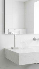 Fototapeta premium Minimalist bathroom sink with an electric toothbrush on a marble countertop dental care tiled wall