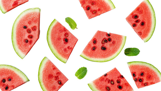 Isolated fresh juicy watermelon slices and vibrant mint leaves scattered for summer refreshment