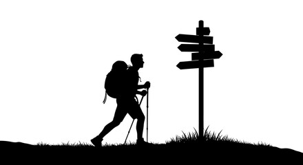 hiker with backpack and directional signpost silhouette on white background © Kobita