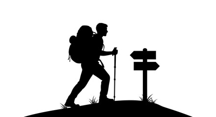 hiker silhouette with backpack and signpost on hill isolated © Kobita