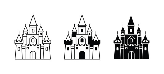 Castle Icons Set: Fairytale Fortress, Fantasy Palace, Medieval Landmark, Royal Architecture, Storybook Building, Silhouette, Outline, Vector Graphics © Shahnaz
