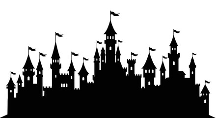 Castle silhouette with flags black on white background © Kobita