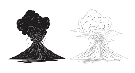 volcano eruption illustration black and white line art on white background © Kobita