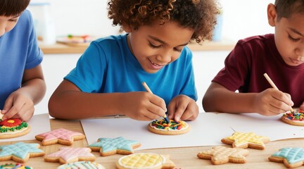 Obraz premium Kids decorate cookies using icing, sprinkles at fun learning workshop. Children create sweet treats, practicing culinary art, coordination skills. Engaged young friends enjoy playful creative baking
