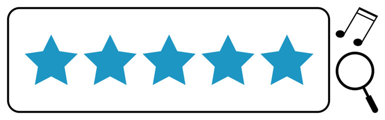 Obraz premium Five-star rating concept. Stars, search magnifier, and music note user reviews, feedback processes, and ratings. Five-star rating improves quality assessment, user reviews and engagement. For music