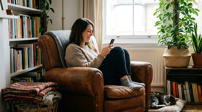 Content woman relaxes comfortably in her favorite leather armchair, casually browsing on her smartphone in a warm, inviting home environment filled with books and natural light