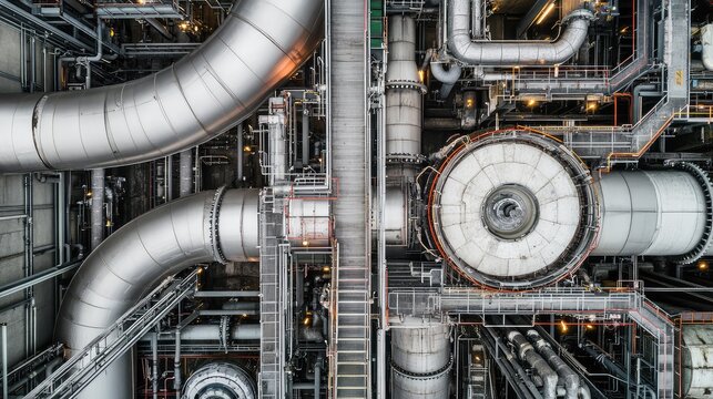 Aerial view of a chemical plants insulated steel pipe network and complex machinery, highlighting industrial infrastructure, energy processing and heavy manufacturing systems