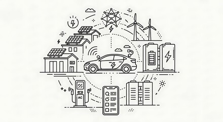 Naklejka premium Electric vehicle charging infrastructure and renewable energy sources in a sustainable community setting