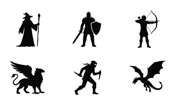 Fantasy Character Silhouettes: Wizard, Knight, Archer, Griffin, Rogue, Dragon Icons for Game Design, Mythology, and Epic Storytelling