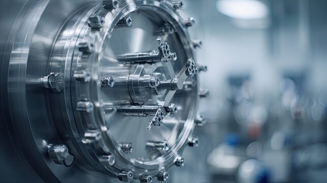 Quantum computing machine hardware components featuring intricate metal parts, advanced technology, and scientific equipment operating in a blurred laboratory environment